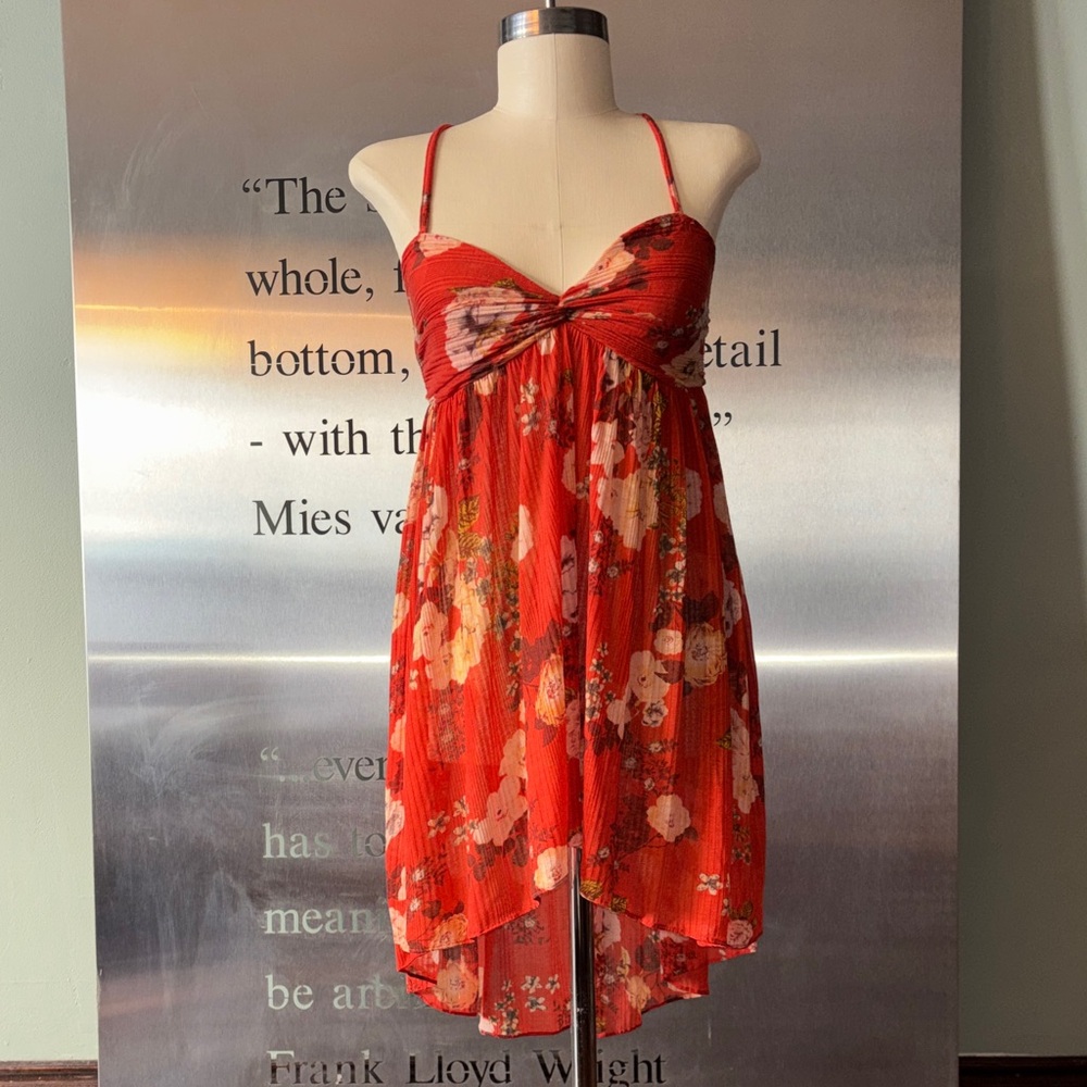 Free People Orange Floral High-Low Spaghetti-Strap Dress